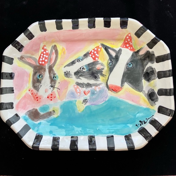 Bunny’s Tea Party “Handmade Ceramic 8 Sided Platter 13”x10” - Picture 4 of 11